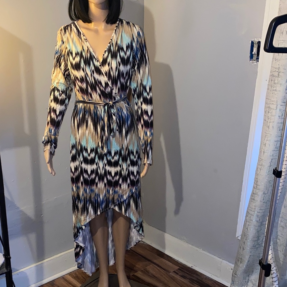 Printed Wrap High-Low Dress in Black & Cream